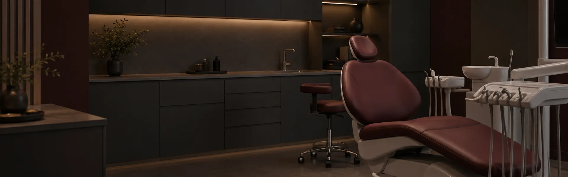 Gabinete dental de ambiente oscuro con sillón e instrumental